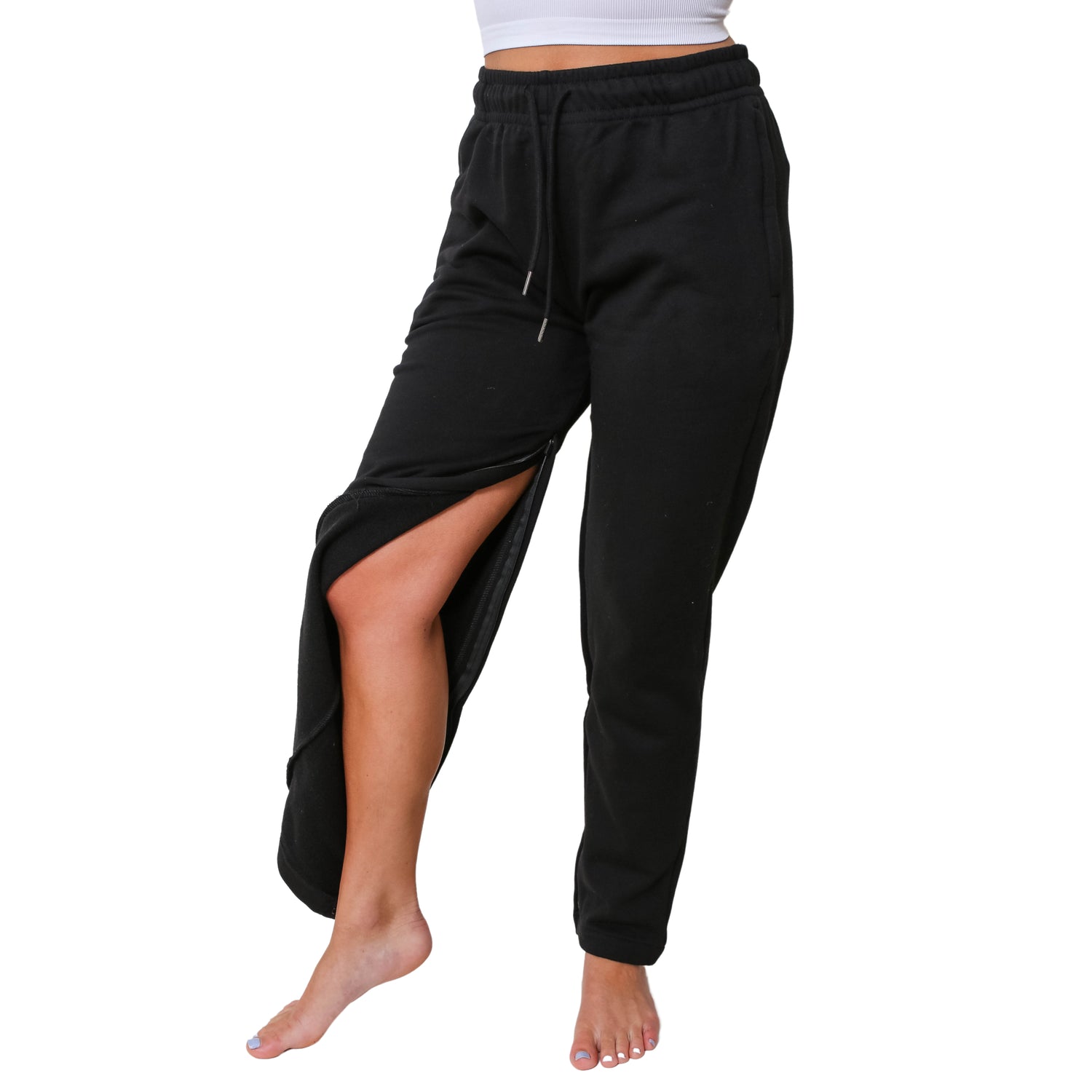 Zipper Opening Hemodialysis Sweatpants for Leg access AVF/Graft. For someone with Urinary catheter bag. Artificial Leg