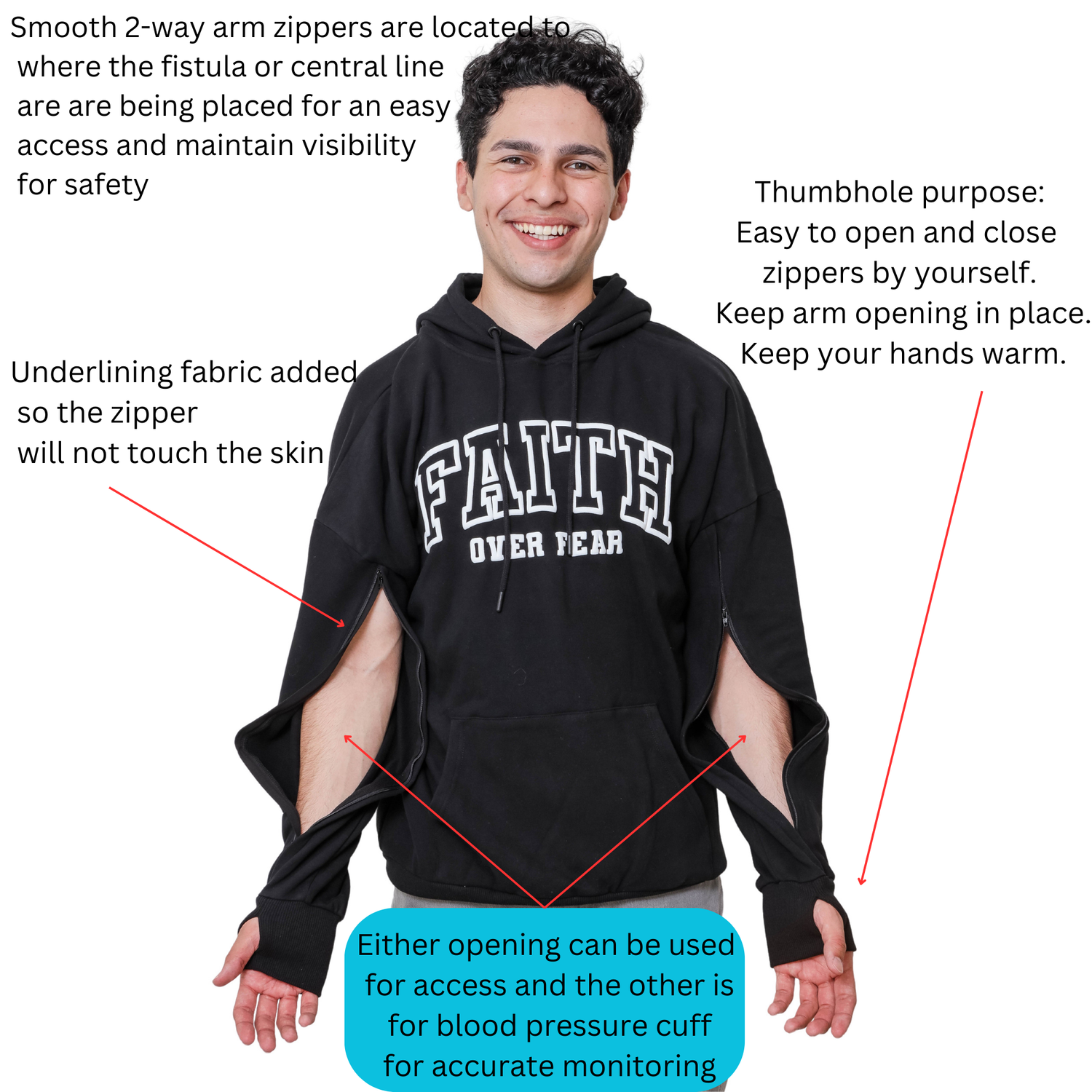 Arm Access Pullover Hoodie for Men and Women.