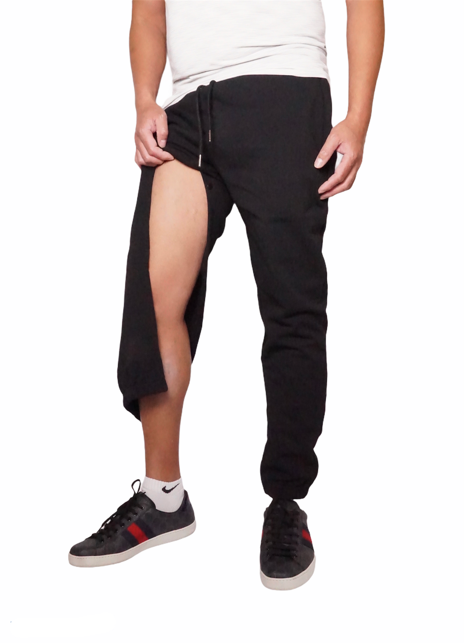 Buttons OpeningHemodialysis Sweatpants for Leg access AVF/Graft. For someone with Urinary catheter bag.