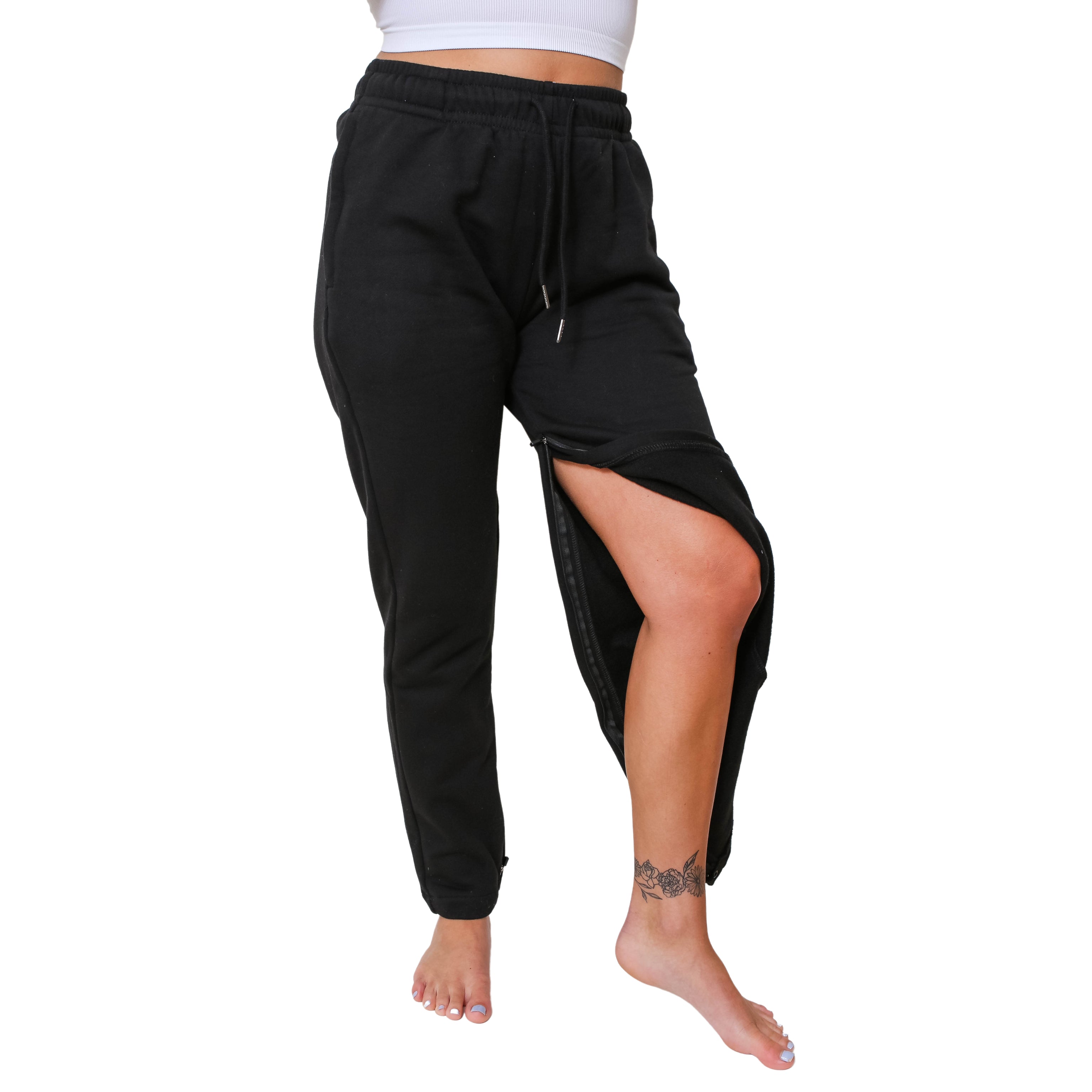 Zipper Opening Hemodialysis Sweatpants for Leg access AVF/Graft. For someone with Urinary catheter bag. Artificial Leg