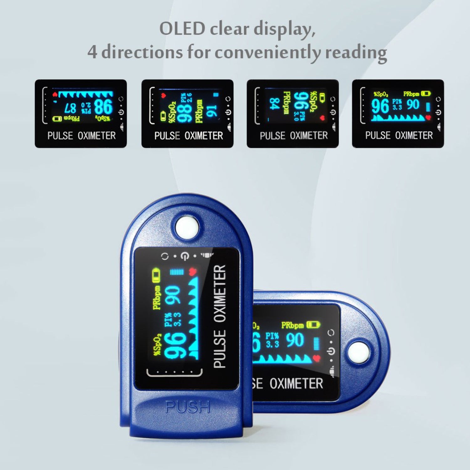 Digital Finger Blood Oxygen Saturation and  Pulse rate Monitor. Blue color.