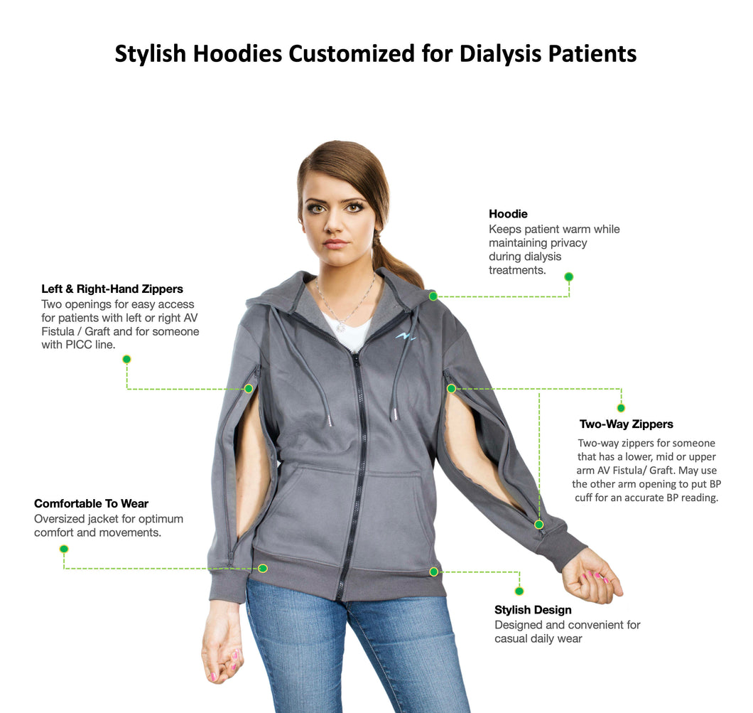 Oversized Hoodies Customized for Hemodialysis Patients with Both Arms Two Way Zippers for Men and Women