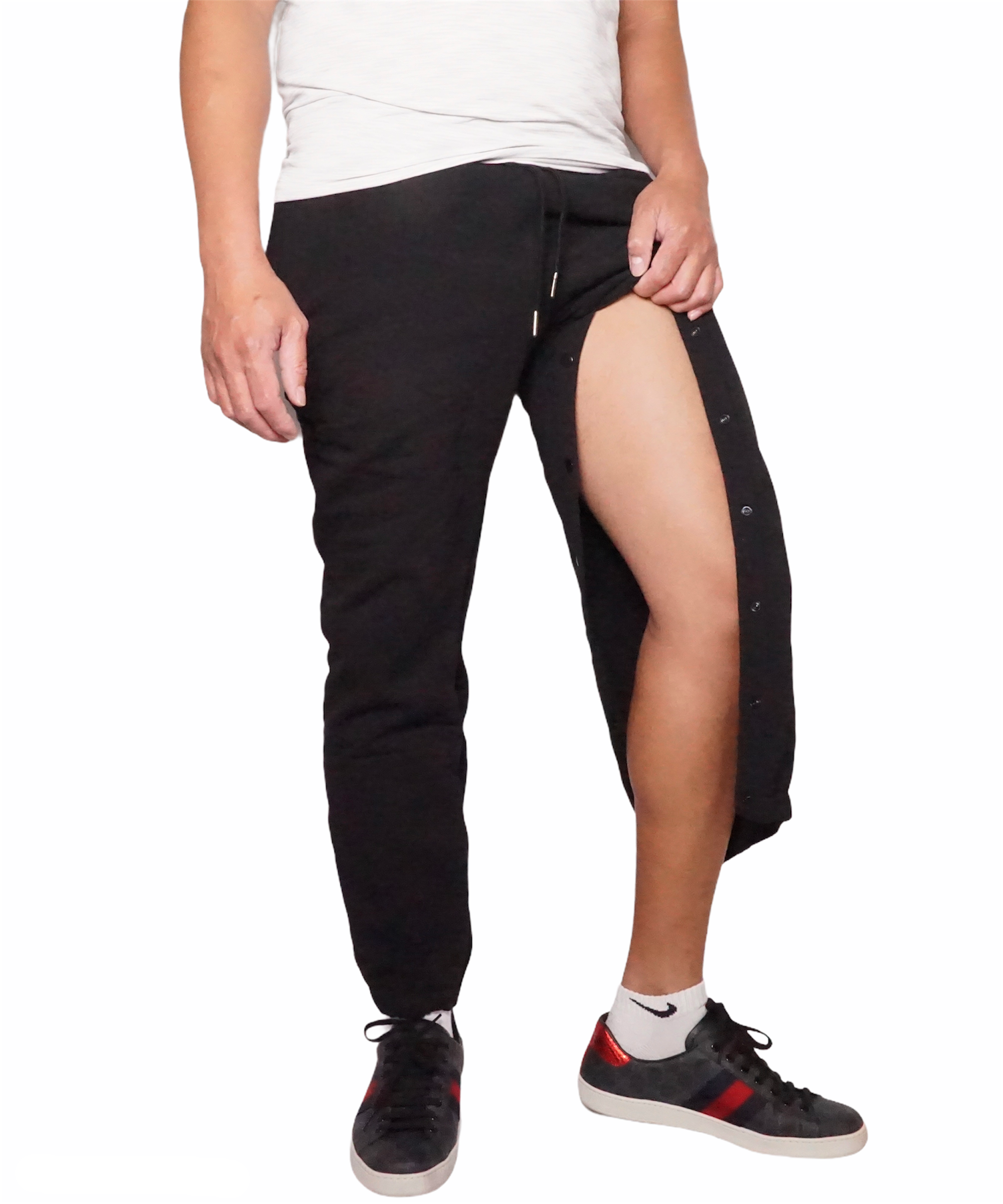 Buttons OpeningHemodialysis Sweatpants for Leg access AVF/Graft. For someone with Urinary catheter bag.